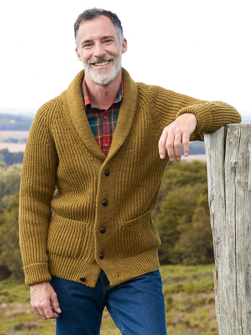 Men's Mustard Yellow Shawl Neck Cardigan on Model