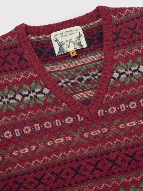 Wine Lambswool Fairisle Slipover V Neck