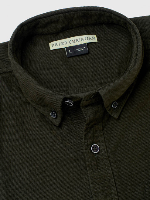 Men's Green Fine Cotton Corduroy Shirt Button-down Collar