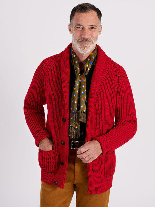 Model wears Men's Red Knitted Wool Shawl Neck Cardigan