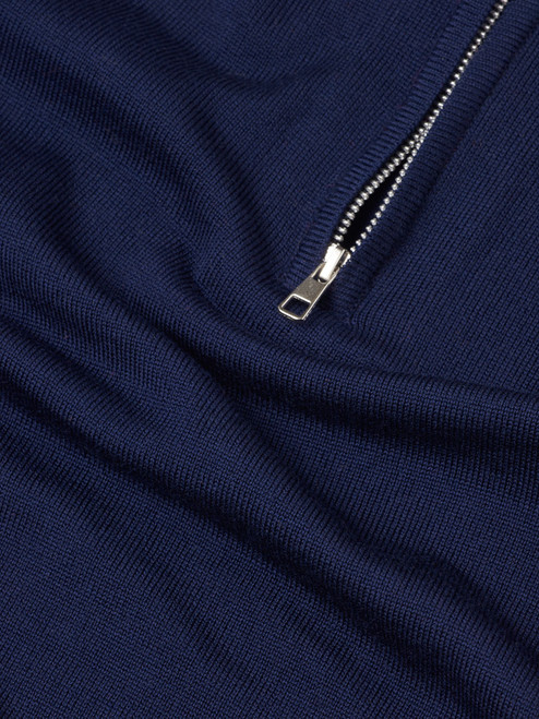 Men's Navy Blue Merino Zip-Neck Jumper Fabric Close Up