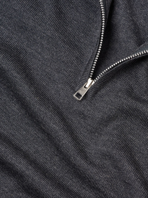 Men's Grey Fine Merino Zip-Neck Jumper Fabric Close Up