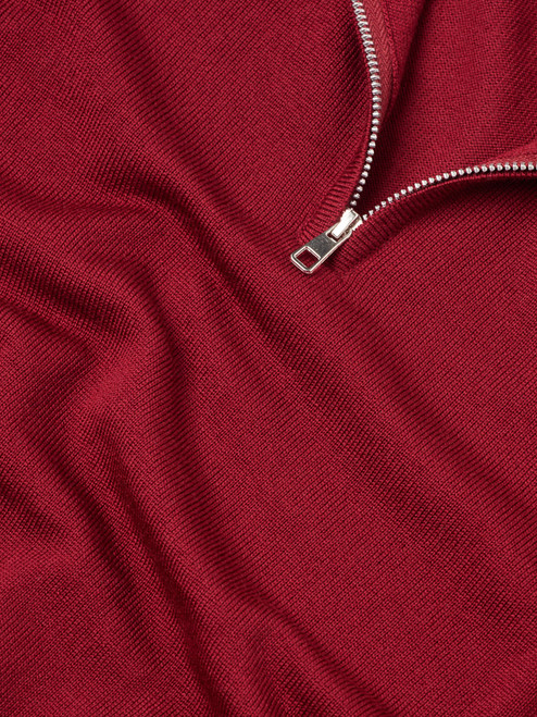 Men's Burgundy Red Merino Zip-Neck Jumper Fabric Close Up
