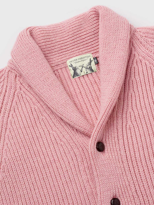 Men's Pink Knitted Wool Shawl Neck Cardigan Collar