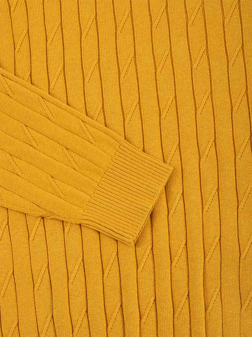 Men's Gold Yellow Cotton Cable Crew Neck Sweater Ribbed Cuff