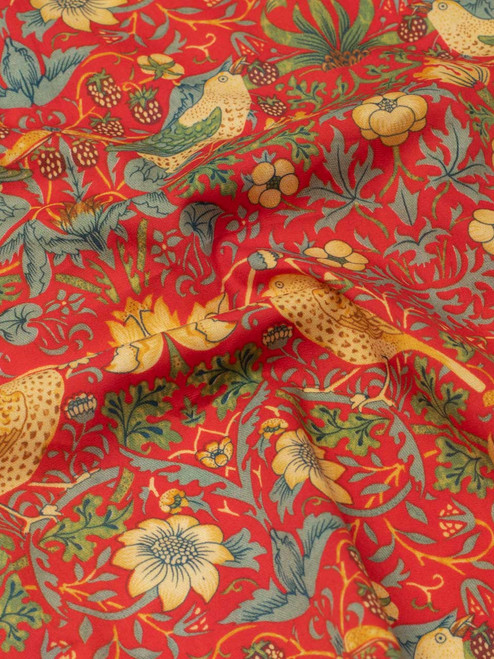 Red William Morris Navy Strawberry Thief Pattern Cotton Close Up