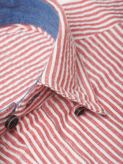 Red Stripe Seersucker Shirt Hidden Button down Detail