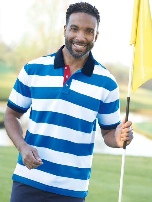 Men's Blue Striped Piqué Cotton Polo Shirt On Model