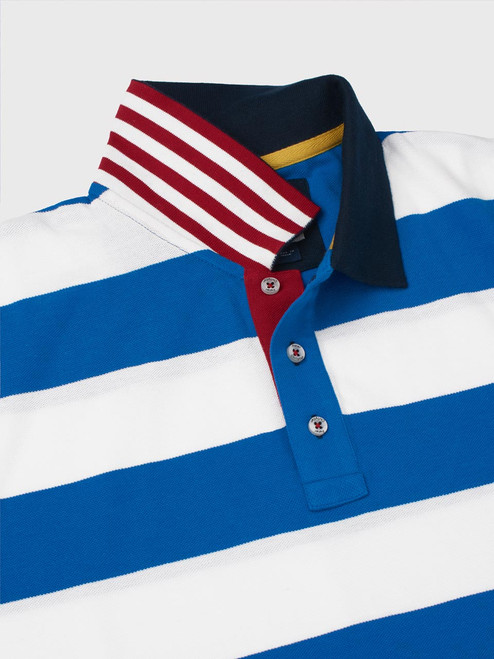 Blue Striped Piqué Cotton Polo Shirt Contrast Collar