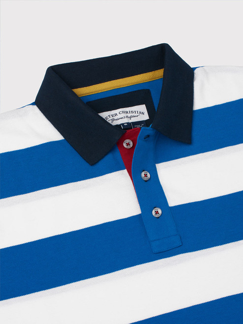 Blue Striped Piqué Cotton Polo Shirt Collar