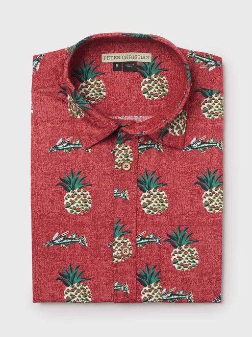 Men's Red Hawaiian Holiday Patterned Shirt Folded
