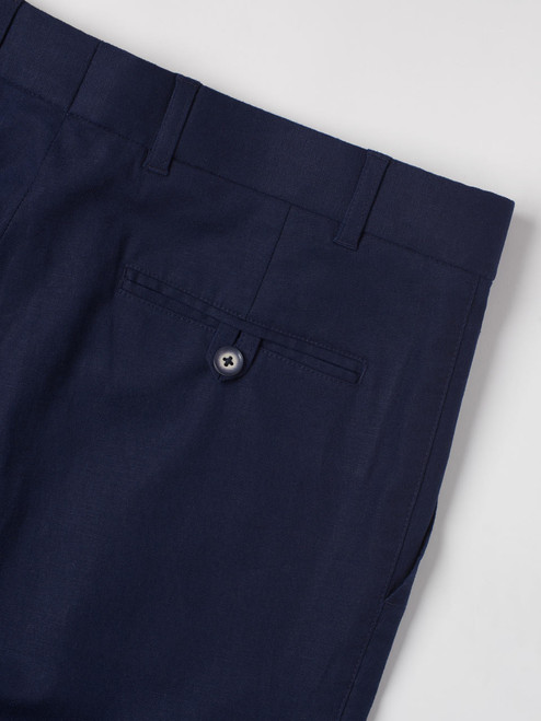 Buttoned Back Pockets of Men's Navy Blue Linen and Cotton Suit Trousers