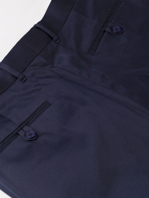 Button rear pockets on men's Navy Blue Finest Cotton & Silk Chino Trousers