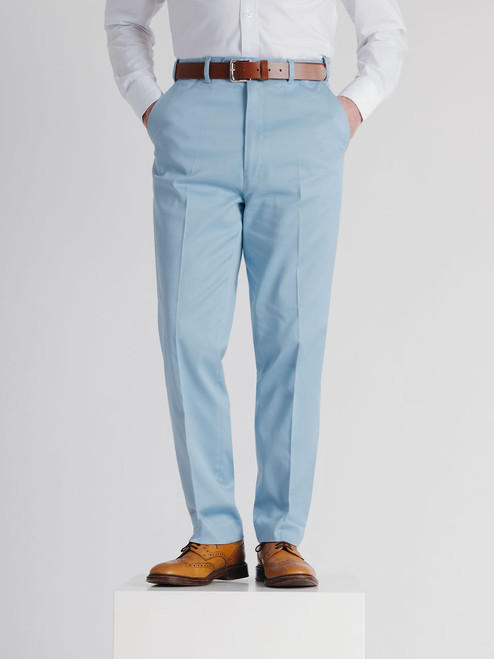 Men's Sky Blue  Finest Cotton & Silk Chino Trousers on Model