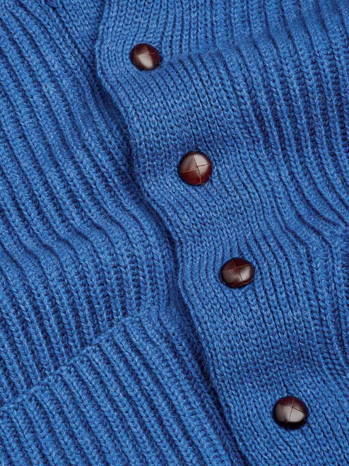 Men's Blue Shawl Neck Cardigan Football Button Close Up