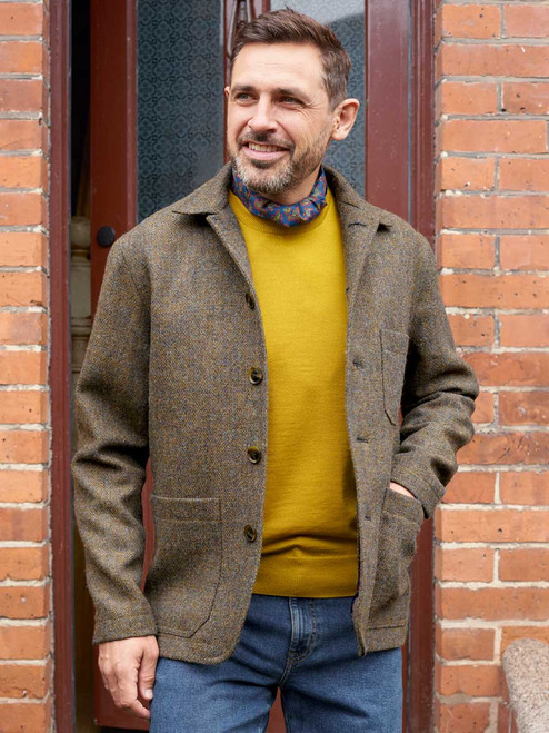 Men's Lichen Harris Tweed Chore Jacket On Model