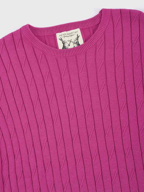 Magenta Pink Wide Ribbed Cotton Crew Neck Sweater