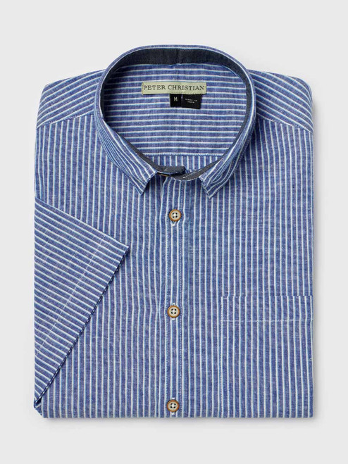 Men's Blue & White Stripe Linen & Cotton Short Sleeve Shirt