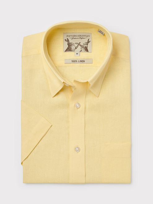 Men's Lemon Yellow 100% Linen Short Sleeve Shirt