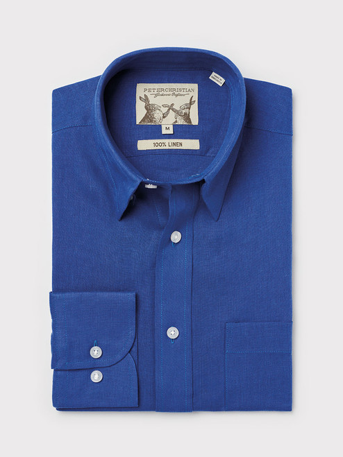 Men's Blue 100% Linen Long Sleeve Shirt