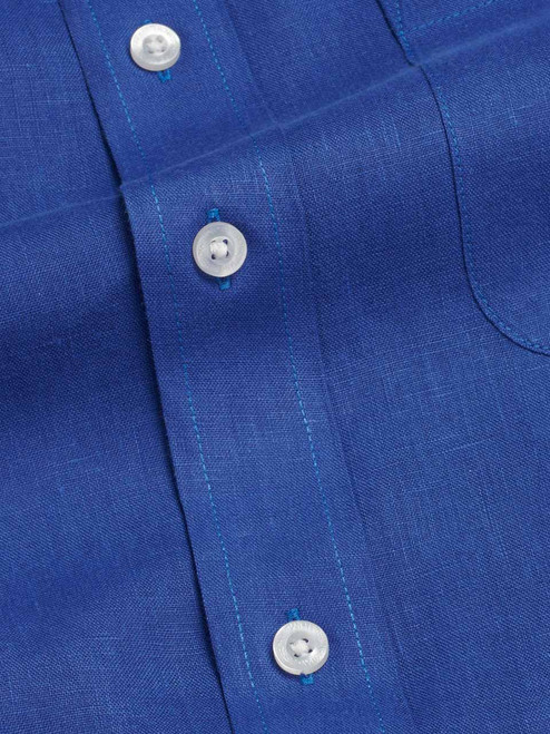 Men's Blue 100% Linen Long Sleeve Shirt Fabric Close Up