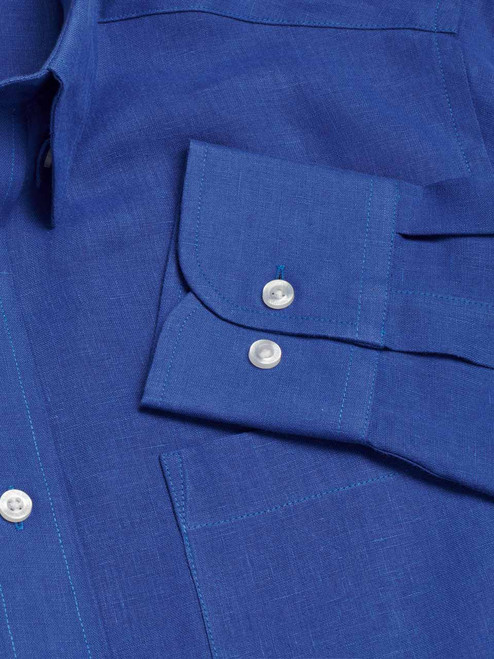 Men's Blue 100% Linen Long Sleeve Shirt Button Cuff