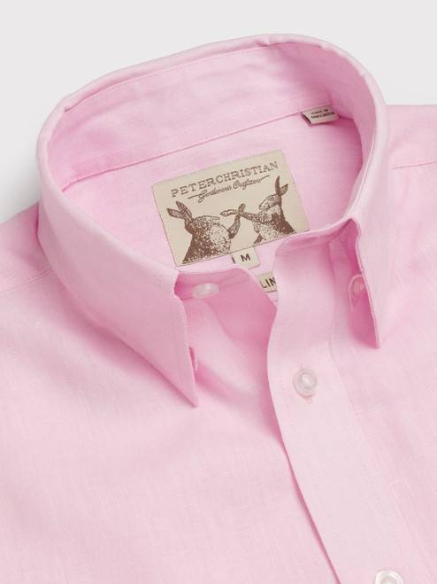 Men's Pink 100% Linen Long Sleeve Shirt Collar