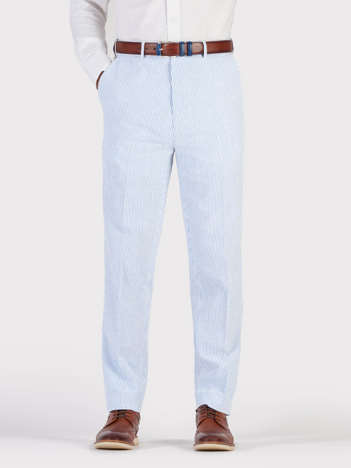 Men's Blue & White Striped Seersucker Suit Trousers
