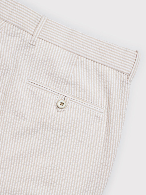 Men's Beige & White Seersucker Suit Trousers Buttoned Pocket