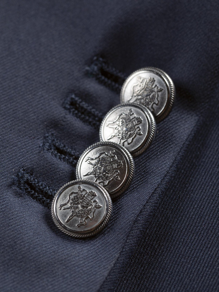 Men's Luxury Navy Blue Wool Blazer Buttons Close Up