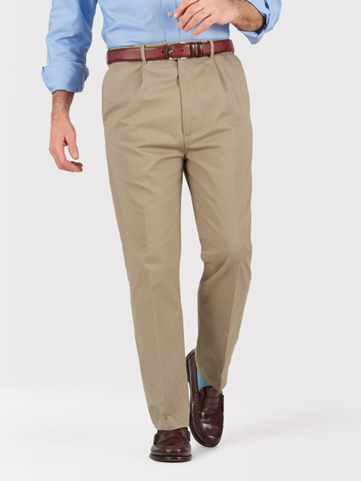 Mens Sand Pleated Chino Trousers on Model