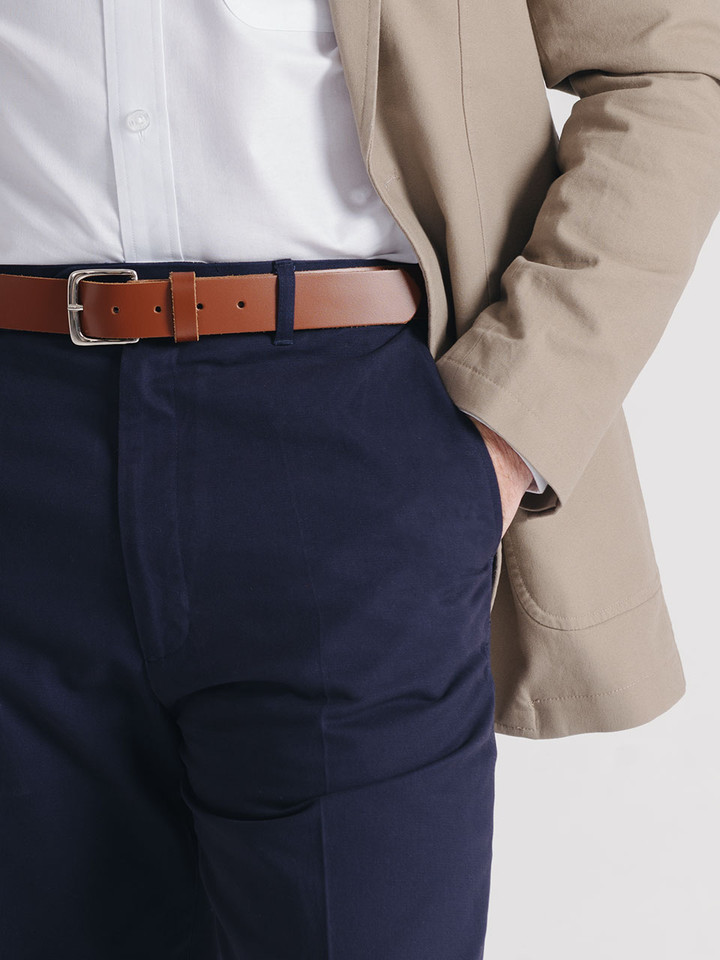 Men's Navy Blue Flat Front Chino Trousers Pocket