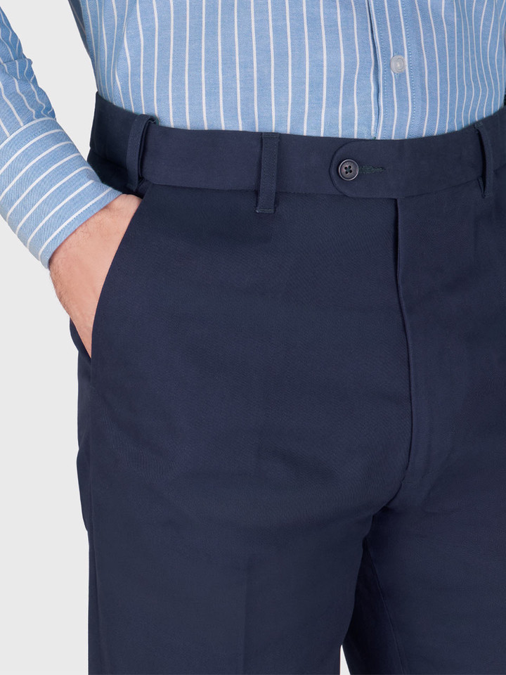 Men's Navy Blue Flat Front Chino Trousers Front Closeup