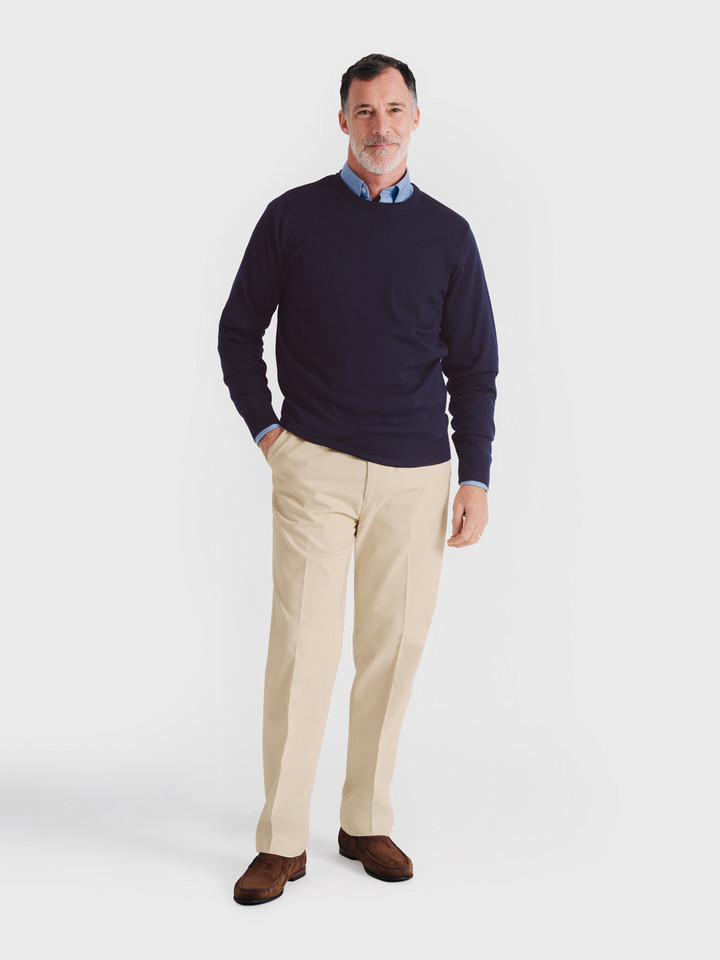 Men's Stone Flat Front Chino Trousers on Model