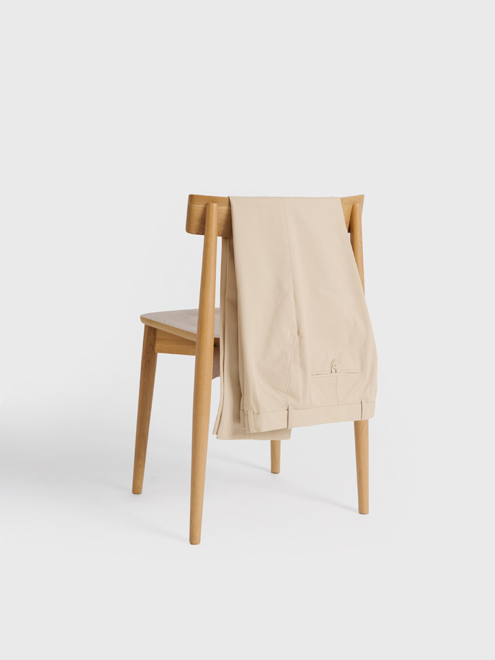 Men's Stone Flat Front Chino Trousers on Chair