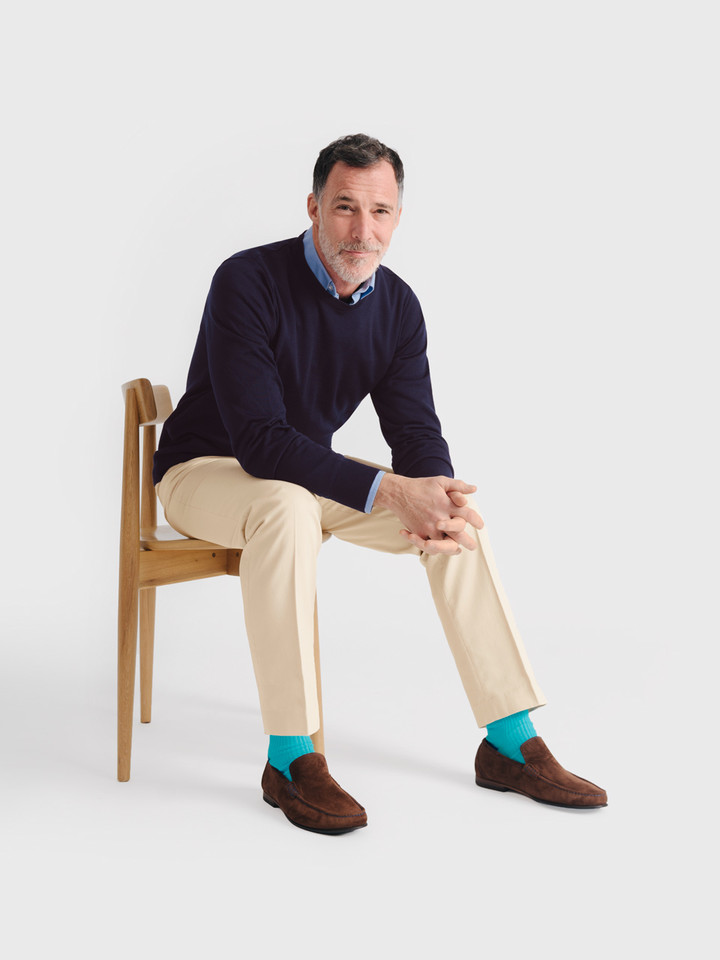 Men's Stone Flat Front Chino Trousers on Model