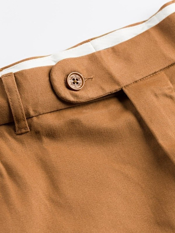 Close Up of Tan Brown Flat Front Chino Trousers Detail