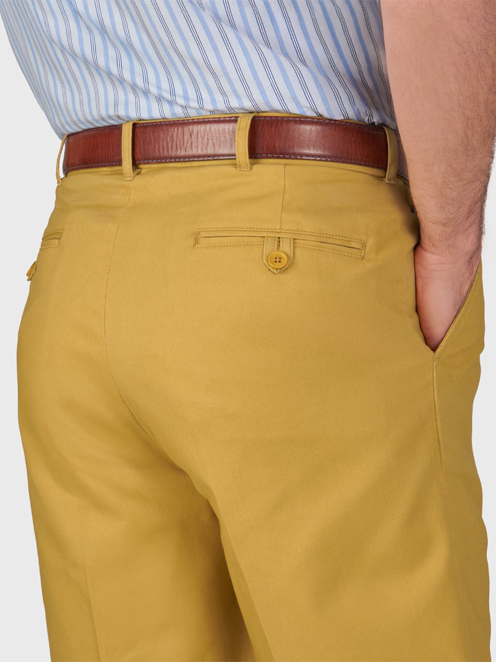 Mens Mustard Cotton Pleated Shorts on Model Back Pocket