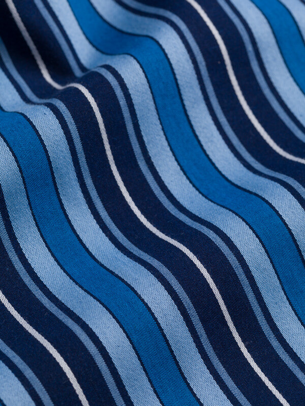 Close Up of Navy & Blue Club Striped Cotton Mens Pyjamas Fabric