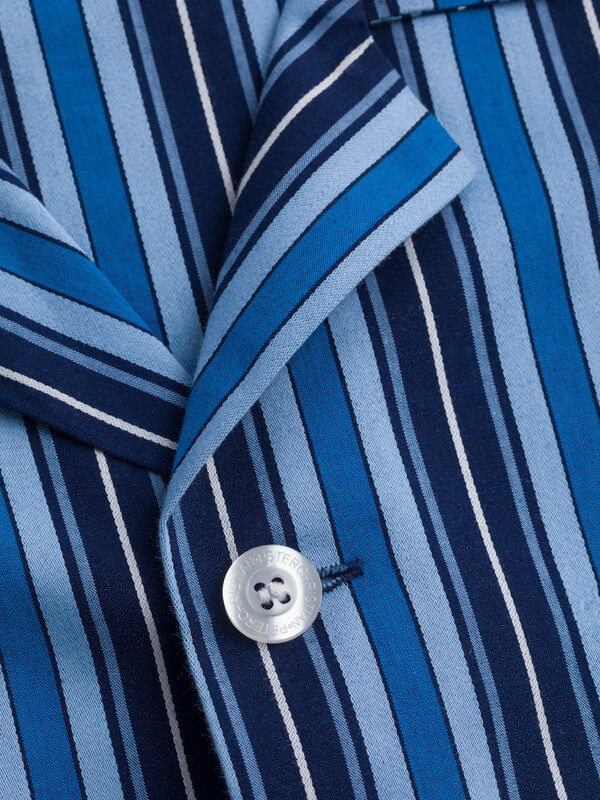 Close Up of Navy & Blue Club Striped Cotton Mens Pyjamas Collar