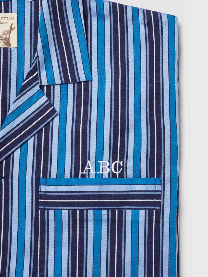 Folded Navy & Blue Club Striped mens cotton  Pyjamas Monogrammed Pocket