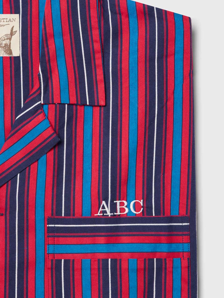 Folded Navy & Red Club Striped mens cotton  Pyjamas Monogrammed Pocket