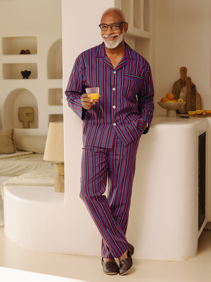 Model wears Navy & Red Club Striped mens cotton Pyjamas