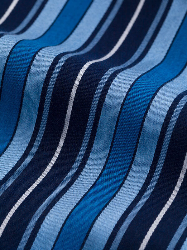 Close Up of Navy & Blue Club cotton Stripe Mens Dressing Gown Fabric