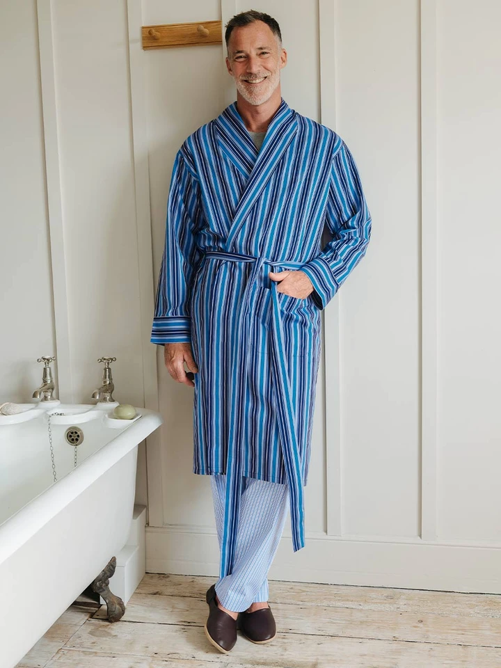 Men's Navy & Blue Club Stripe Summer Dressing Gown - Men's Cotton Dressing Gown