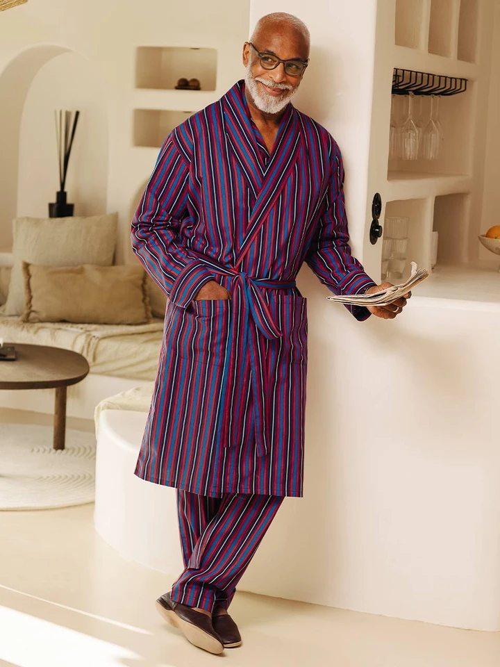 Men's Navy & Red Club Stripe Summer Dressing Gown