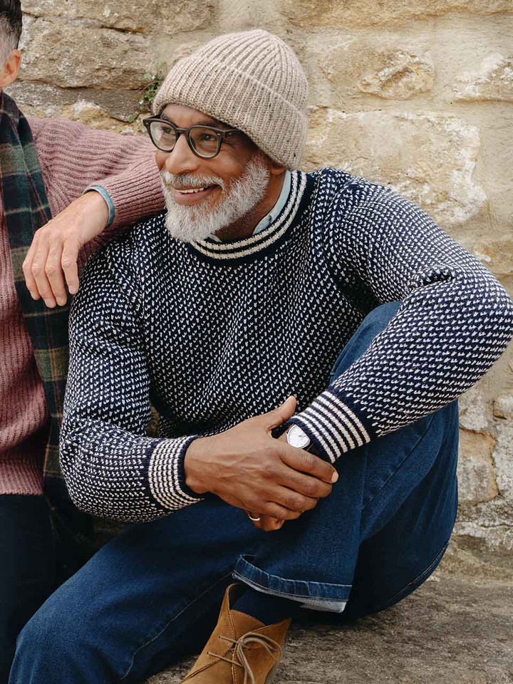 Model wears Men's Navy Blue Norwegian Jumper On Model