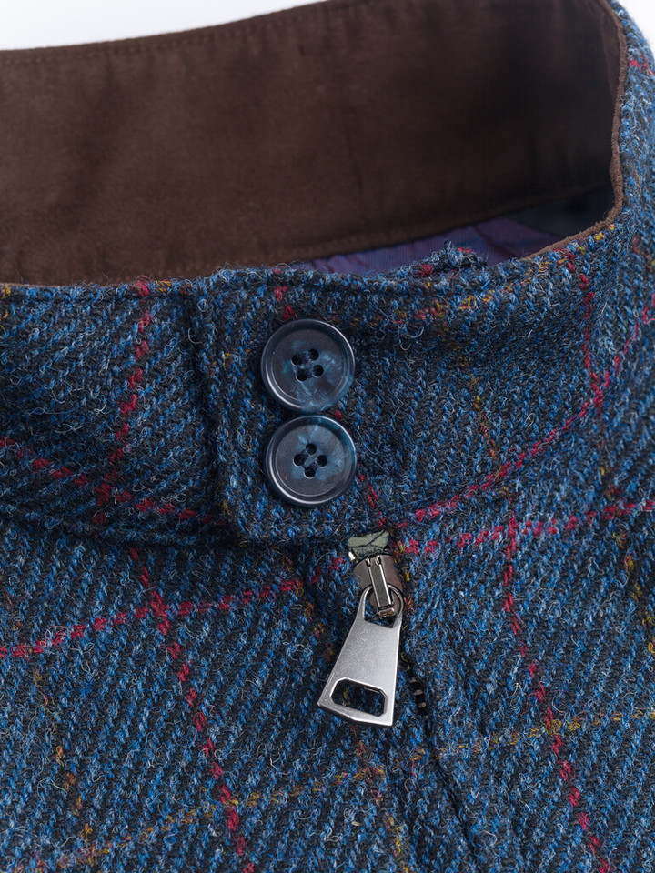 Button Collar on Navy Harris Tweed® Harrington Jacket