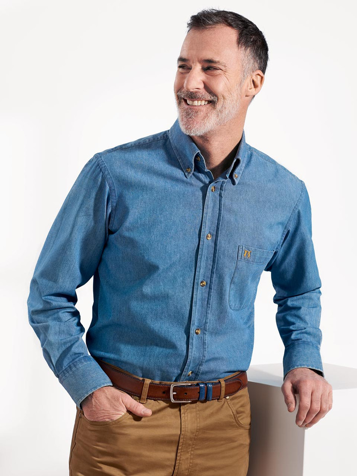 Men's Blue Washed Denim Shirt On Model