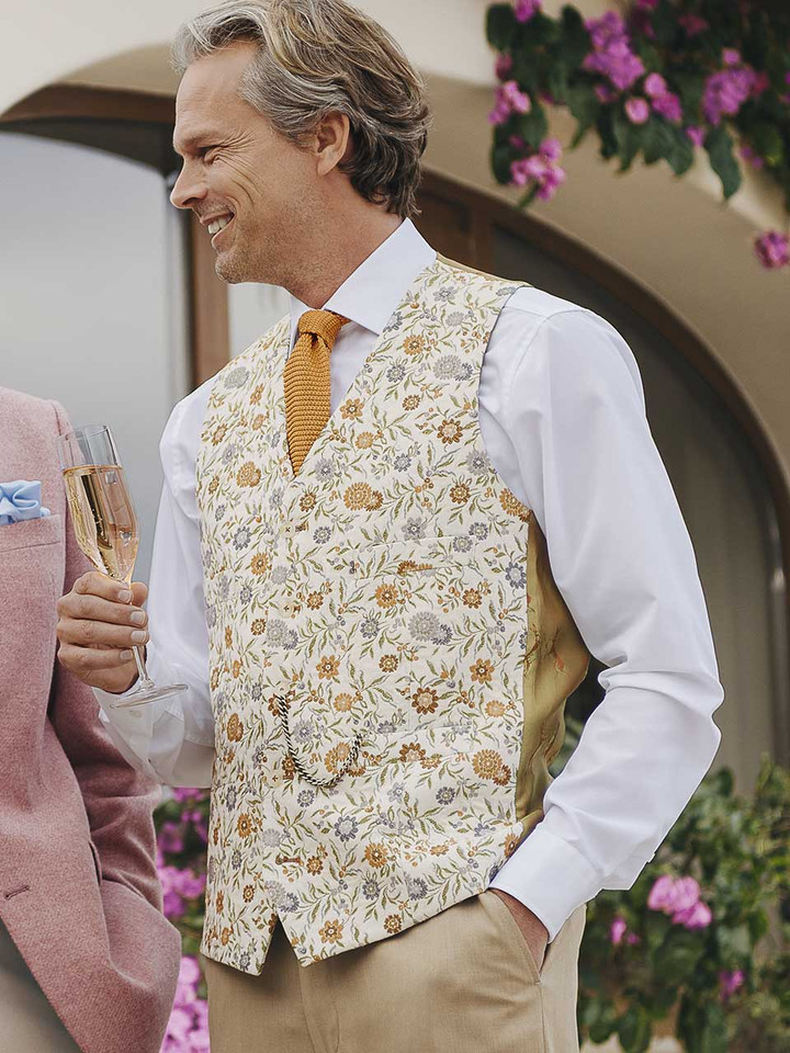 Men's Gold Floral Brocade Waistcoat on Model